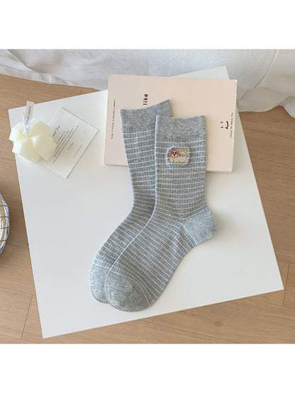 Rufia - Striped Puppy Embroidery Crew Socks