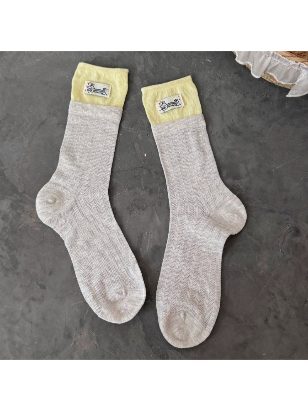 Rufia - Cartoon Dog Tag Mesh Color Block Double Cuff Socks