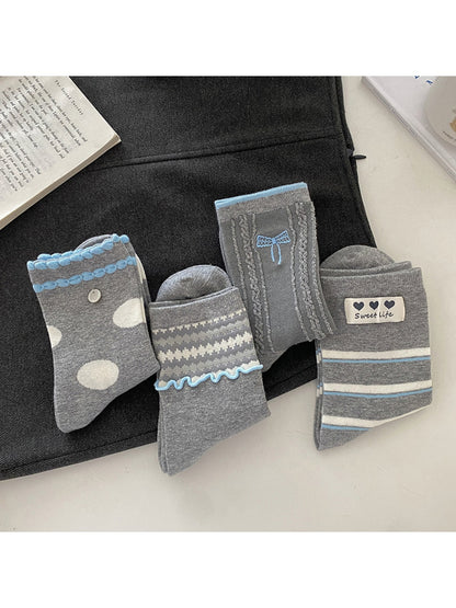 Rufia - Gray Base Pattern Ruffle Crew Socks