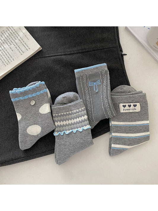 Rufia - Gray Base Pattern Ruffle Crew Socks