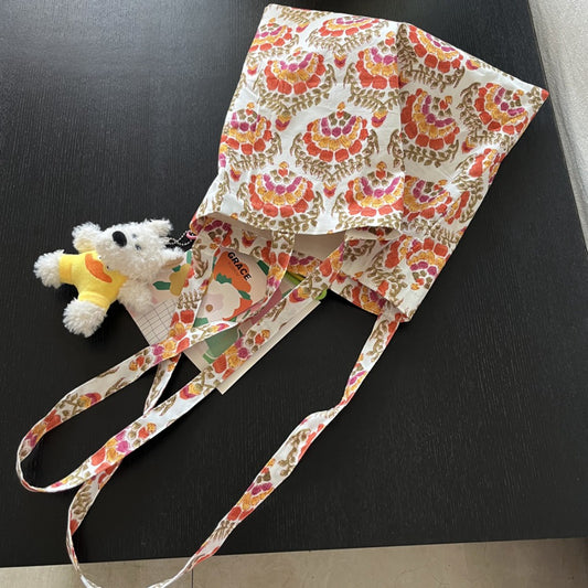 Floral block print everyday tote bag with slim fabric straps