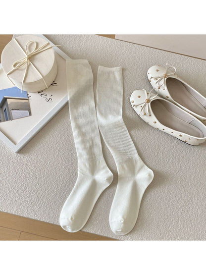 Rufia - Solid Color Ribbed Knee-high Socks
