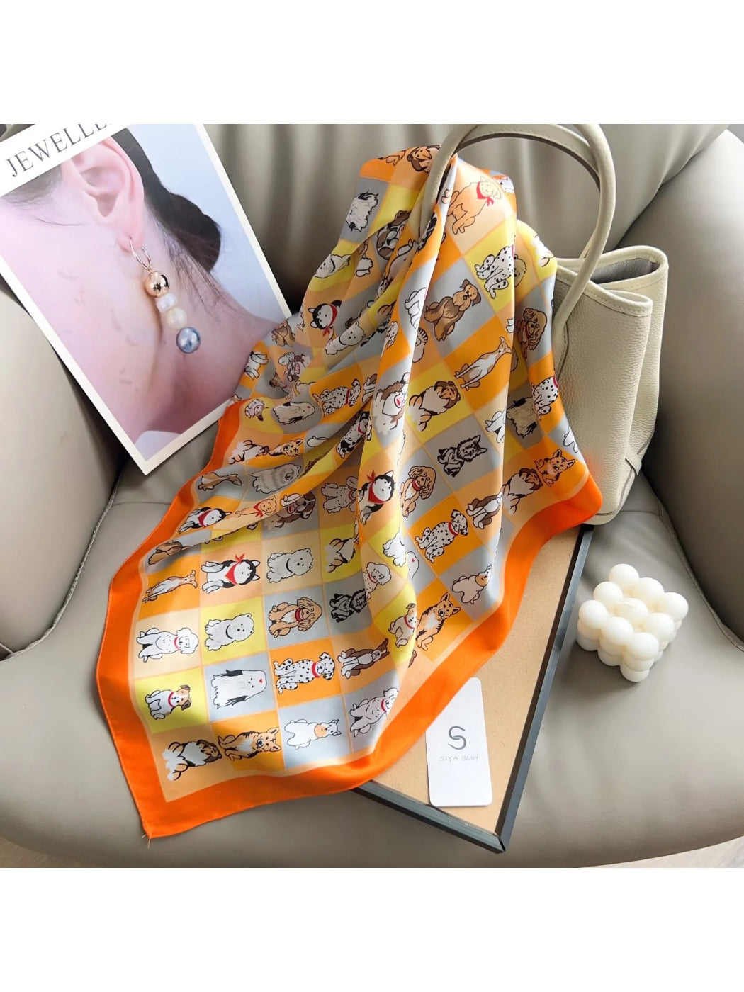 Scarvii - Illustrated Dog Grid Print Square Scarf