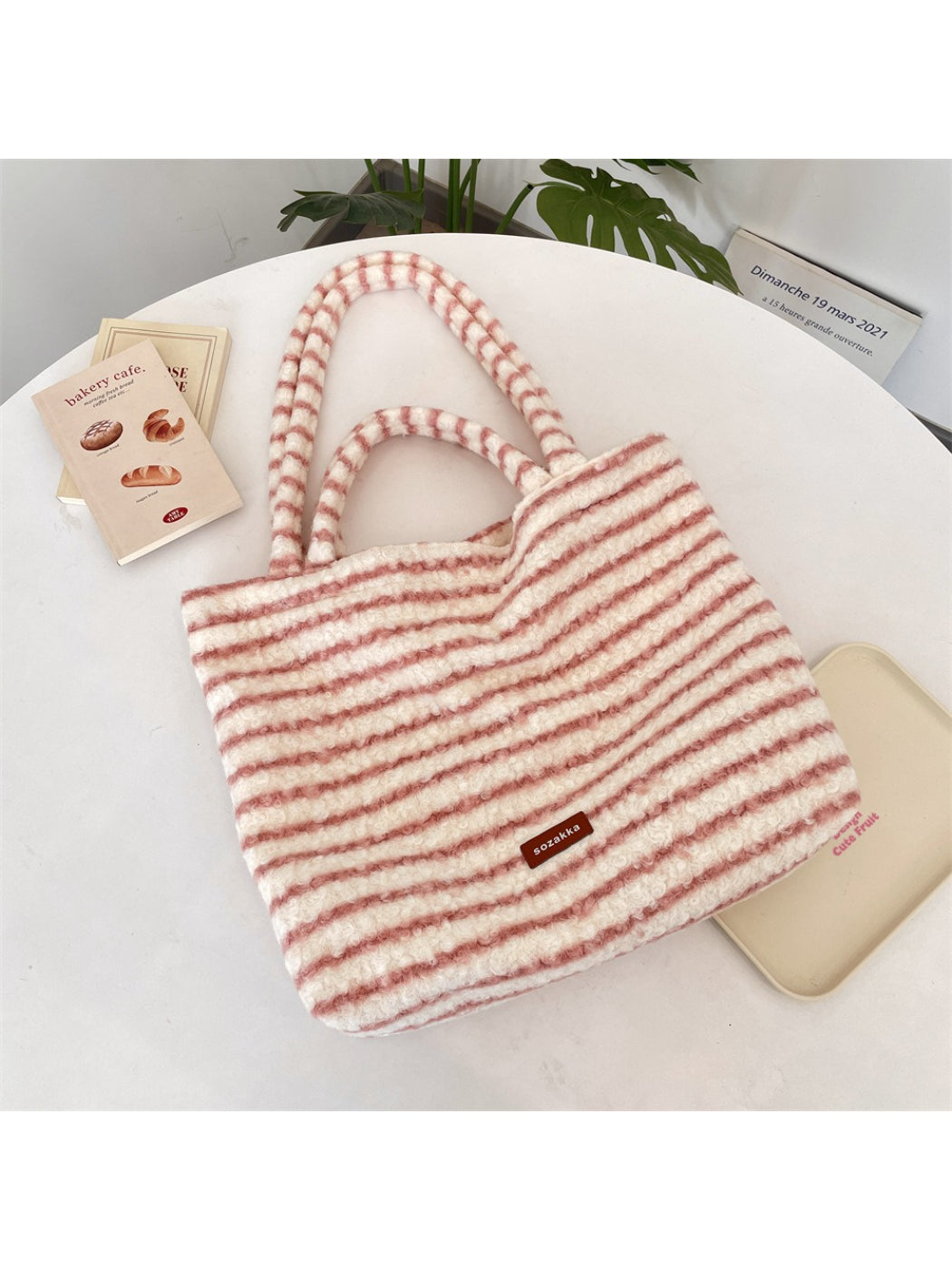 Cosbai - Soft Striped Fuzzy Shoulder Tote Bag