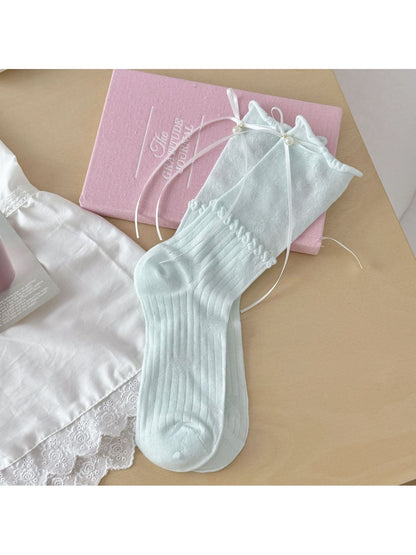 Rufia - Ribbon Bow Detail Rolled Cuffs Crew Socks