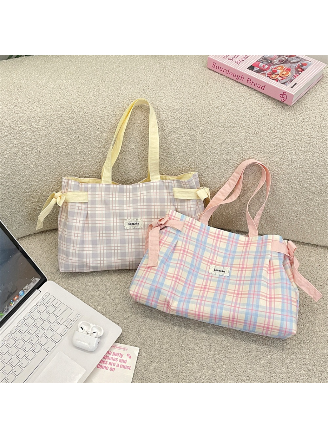Cosbai - Plaid Bow Tie Detail Tote Bag