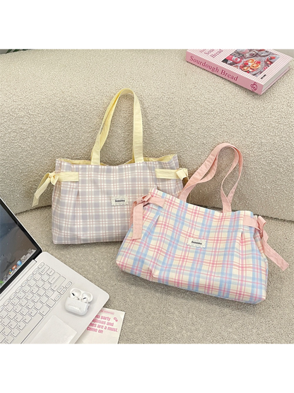 Cosbai - Plaid Bow Tie Detail Tote Bag