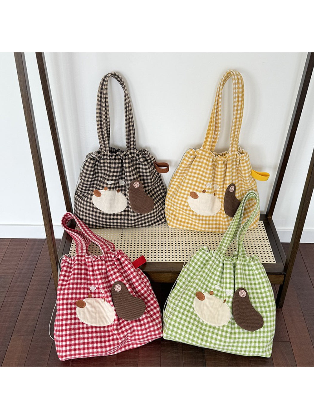 Cosbai Puppy Gingham Drawstring Tote front view with black and white check pattern