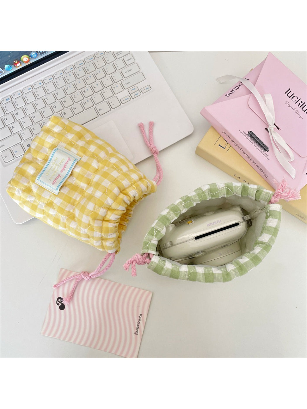 Cosbai - Gingham Padded Drawstring Pouch Bag