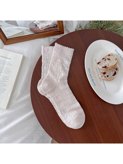 Rufia - Flower Shaped Button Accent Solid Color Crew Socks