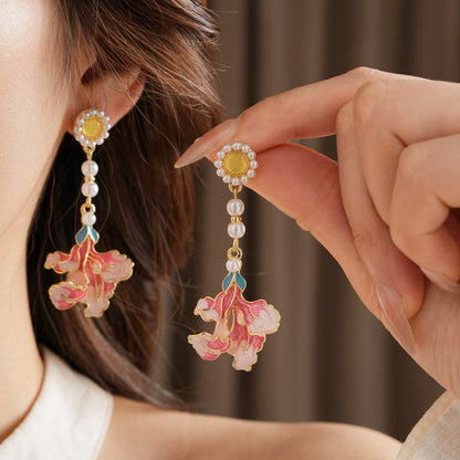 Earwish - Vintage Pink Floral Long Earrings With Beads