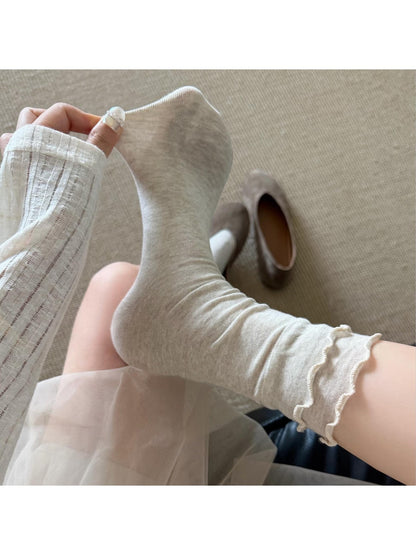 Rufia - Layered Ruffle Trim Solid Crew Socks