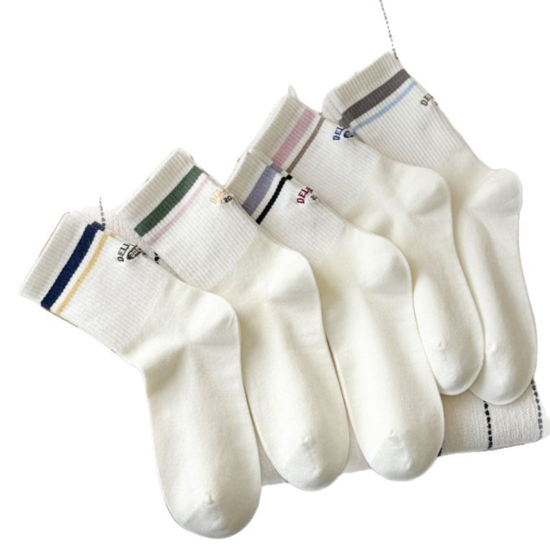 Side view of Rufia Retro Stripe Letter Crew Socks highlighting the crew length and stripe colors