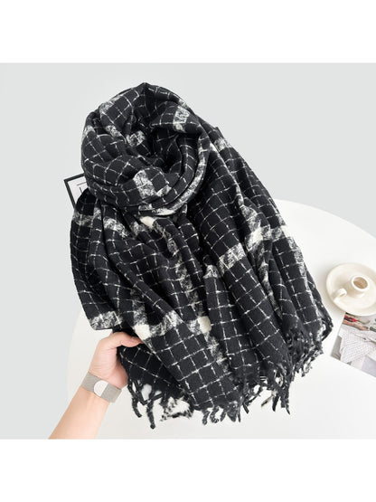 Scarvii - Grid Plaid Shawl Style Tassel Scarf