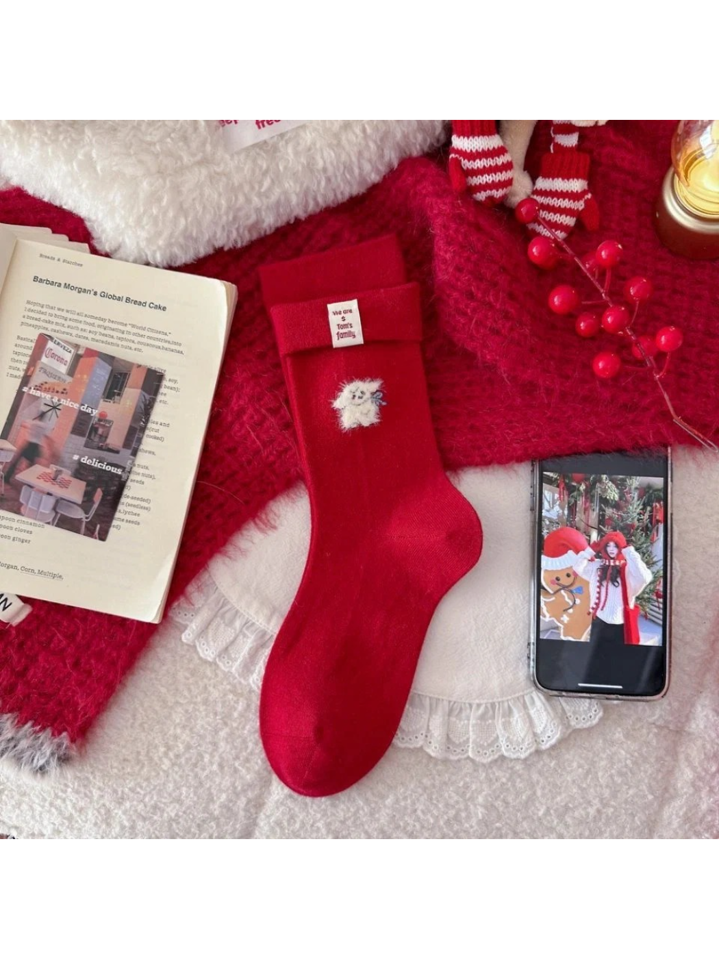 Rufia - Red and White Nordic Pattern Crew Socks