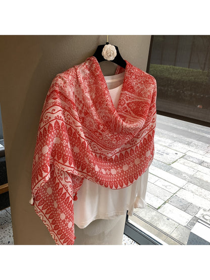 Scarvii - Retro Geometric Print Tassel Trim Shawl