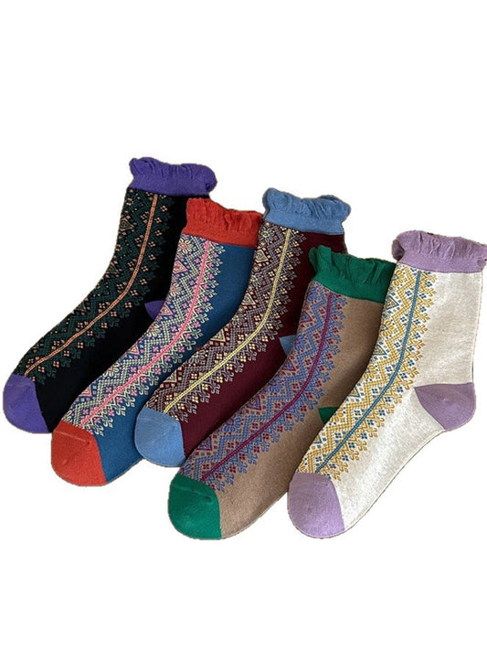 Rufia - Retro Pattern Ruffle Crew Socks