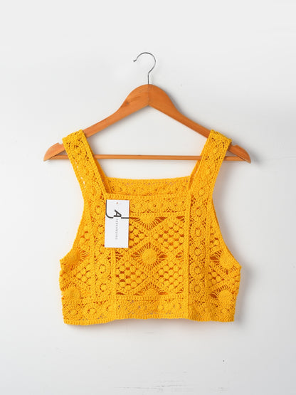 Close-up of crochet pattern on Crosa vintage camisole tank top