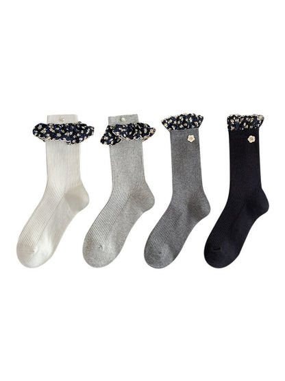 Rufia - Ruffled Floral Trim Crew Socks