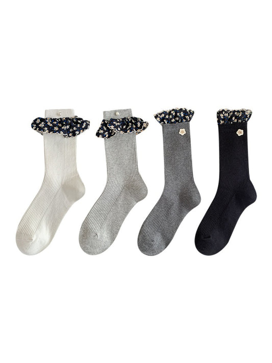 Rufia - Ruffled Floral Trim Crew Socks