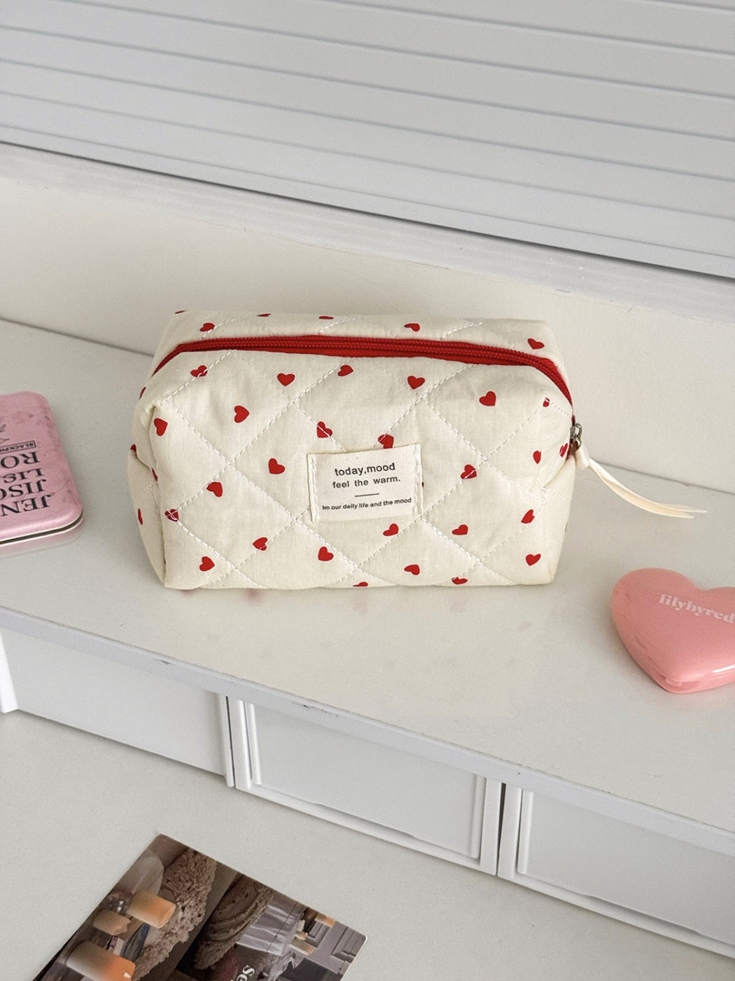 Cosbai Heart Print Quilted Makeup Bag with red heart pattern on white background