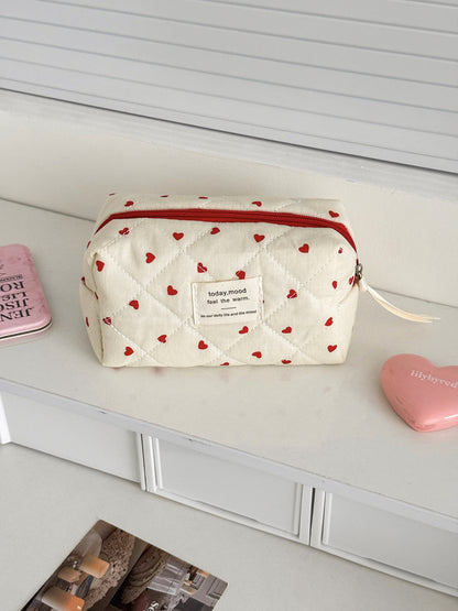 Cosbai Heart Print Quilted Makeup Bag with red heart pattern on white background