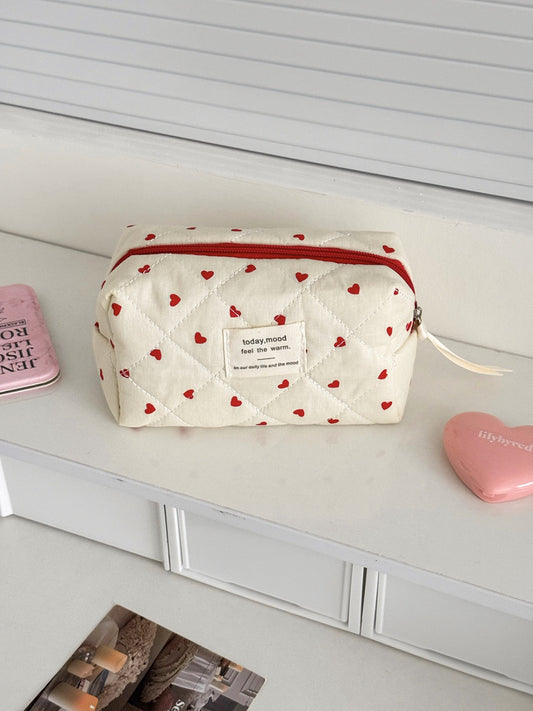 Cosbai Heart Print Quilted Makeup Bag with red heart pattern on white background