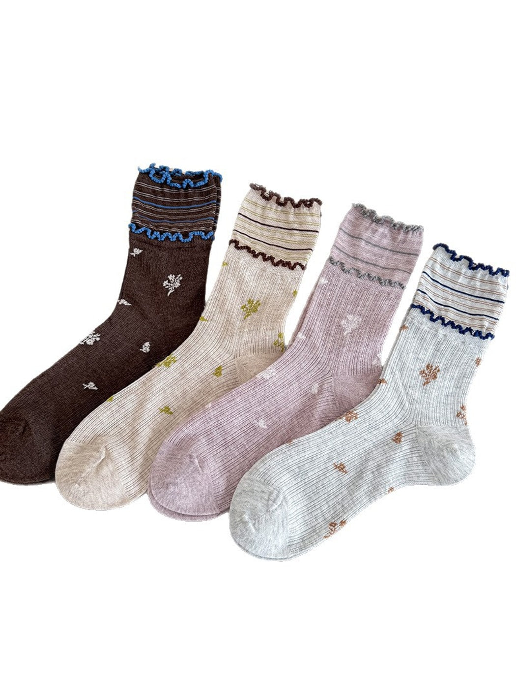 Rufia - Vintage Floral Ruffle Trim Crew Socks