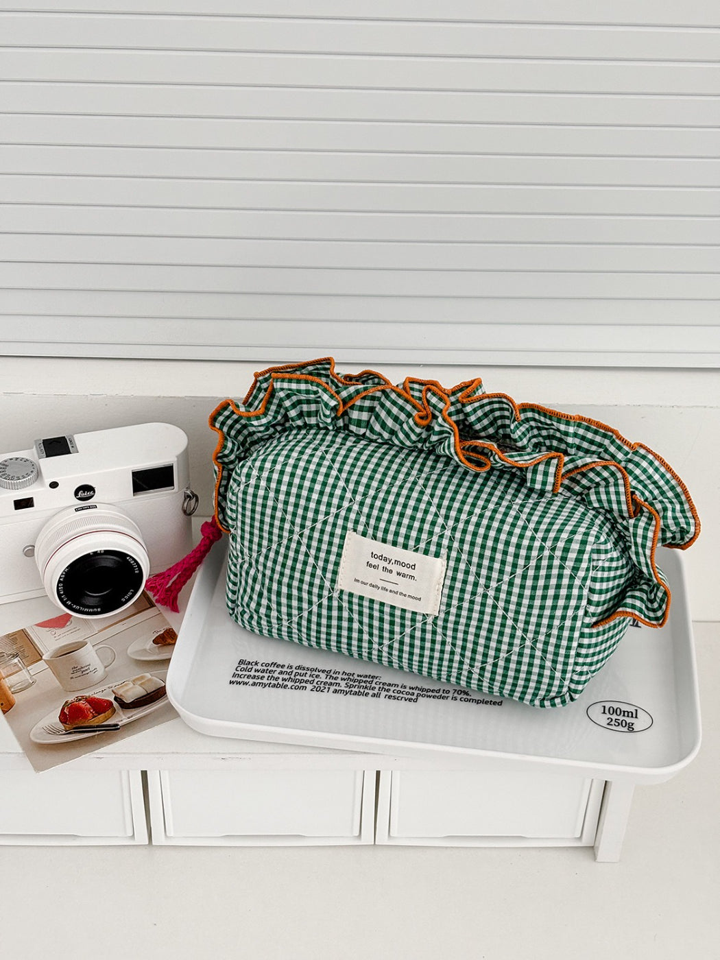 Cosbai gingham makeup bag showing and ruffle trim
