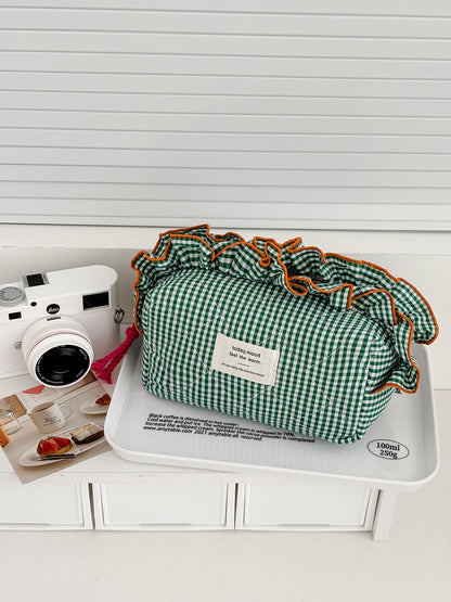 Cosbai gingham makeup bag showing and ruffle trim