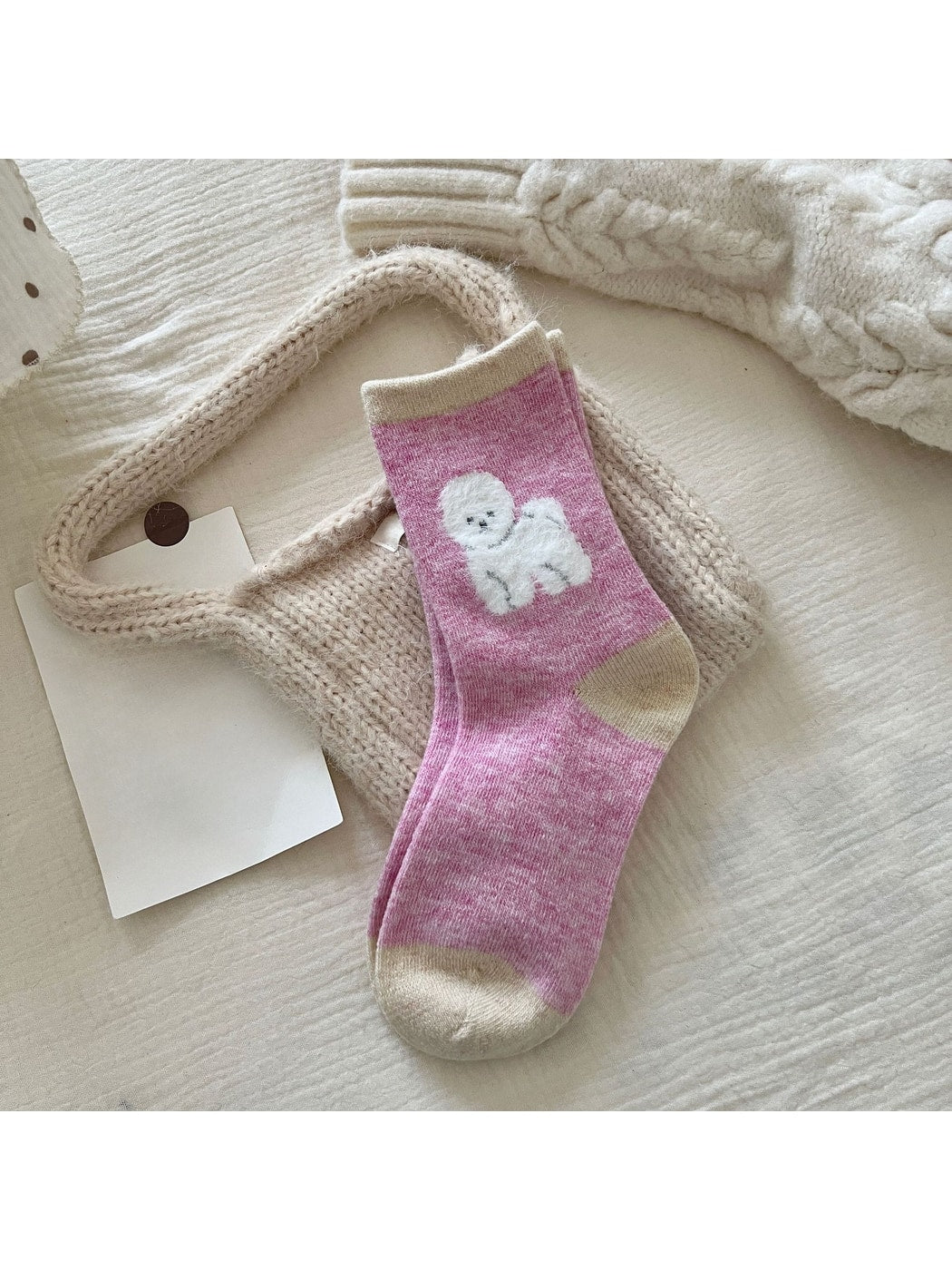Rufia - Playful Dog Motif Colorblock Crew Socks