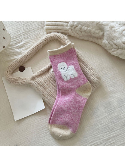 Rufia - Playful Dog Motif Colorblock Crew Socks
