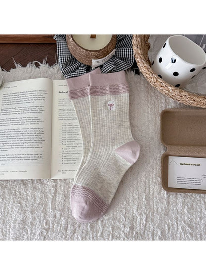 Rufia embroidered ribbon ribbed slouch socks shown from top angle highlighting ribbed texture