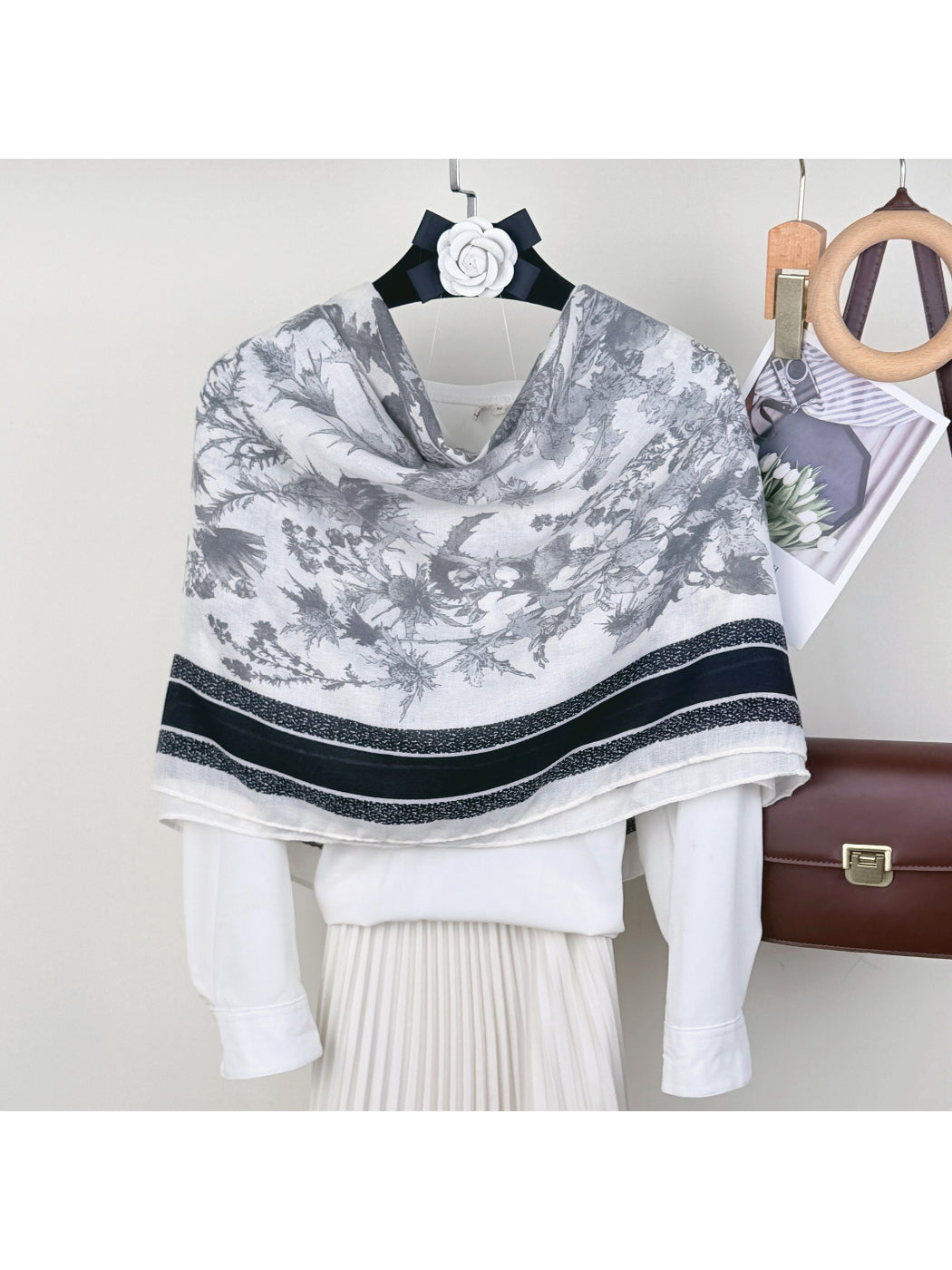 Scarvii Botanical Stripe Wrap Scarf folded showing green and beige botanical stripe pattern