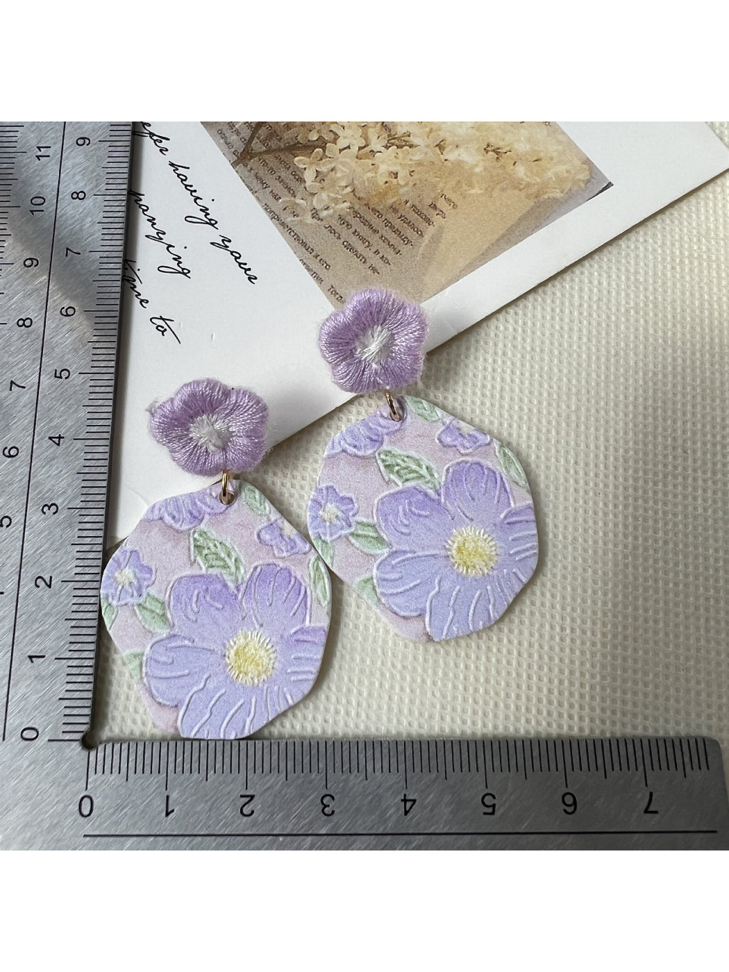 Earwish Purple Bloom Drop Earrings worn on a model showcasing size and style