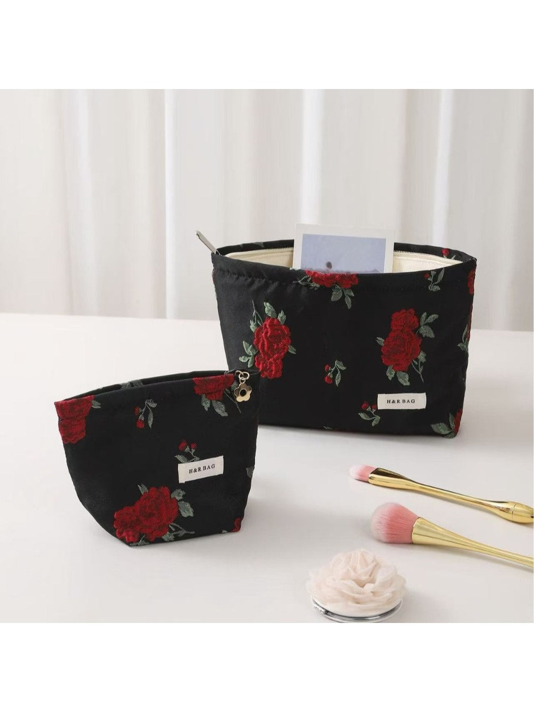 Cosbai - Rose Print Handheld Floral Makeup Bag