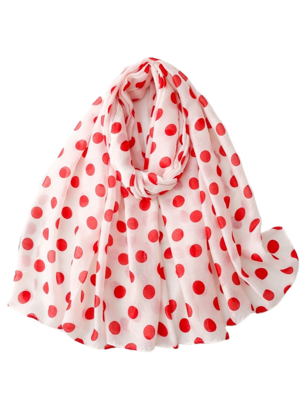 Model wearing Scarvii Everyday Polka Dot Scarf styled around the neck with casual outfit