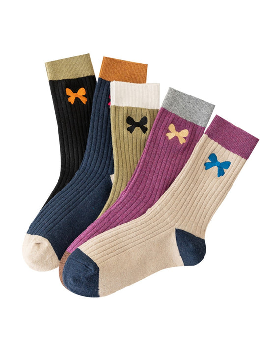 Rufia - Preppy Embroidery Bow Color Block Crew Socks