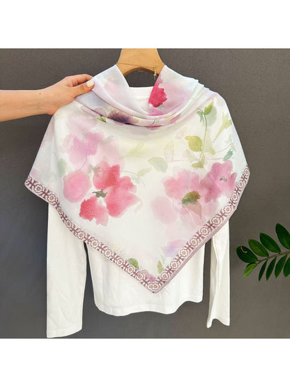 Scarvii - Soft Pink Floral Print Fashion Square Scarf