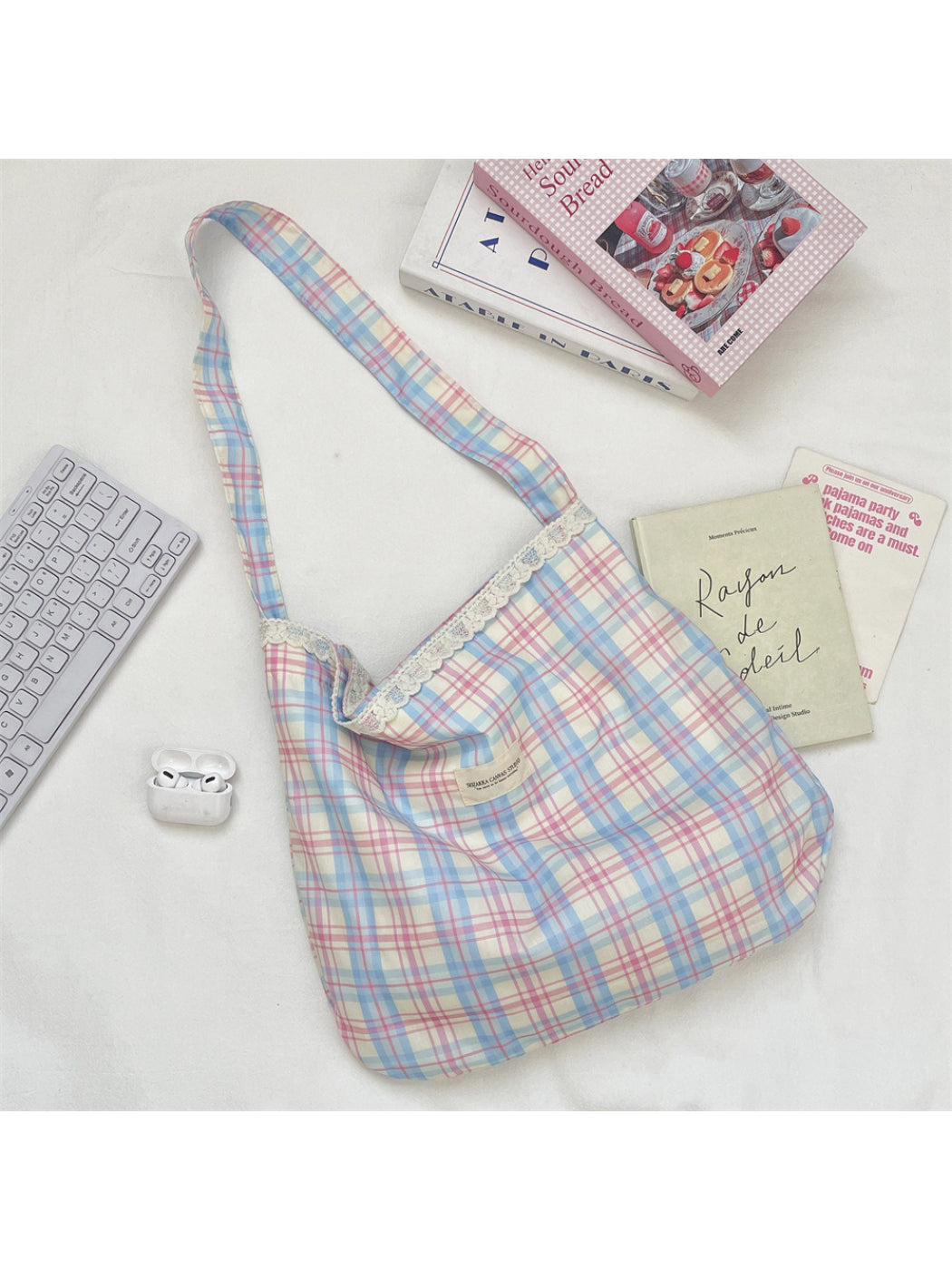 Cosbai - Plaid Lace Trim Hobo Shoulder Bag