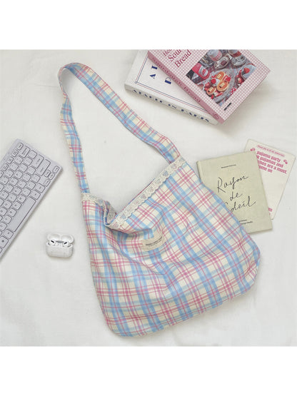 Cosbai - Plaid Lace Trim Hobo Shoulder Bag
