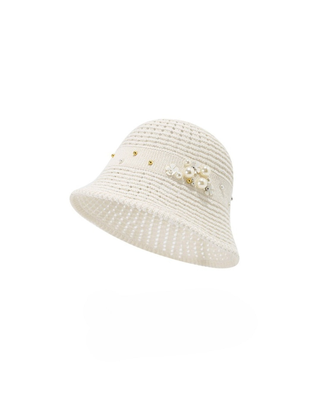 Haila bucket hat displayed on a flat surface with beaded flower accent