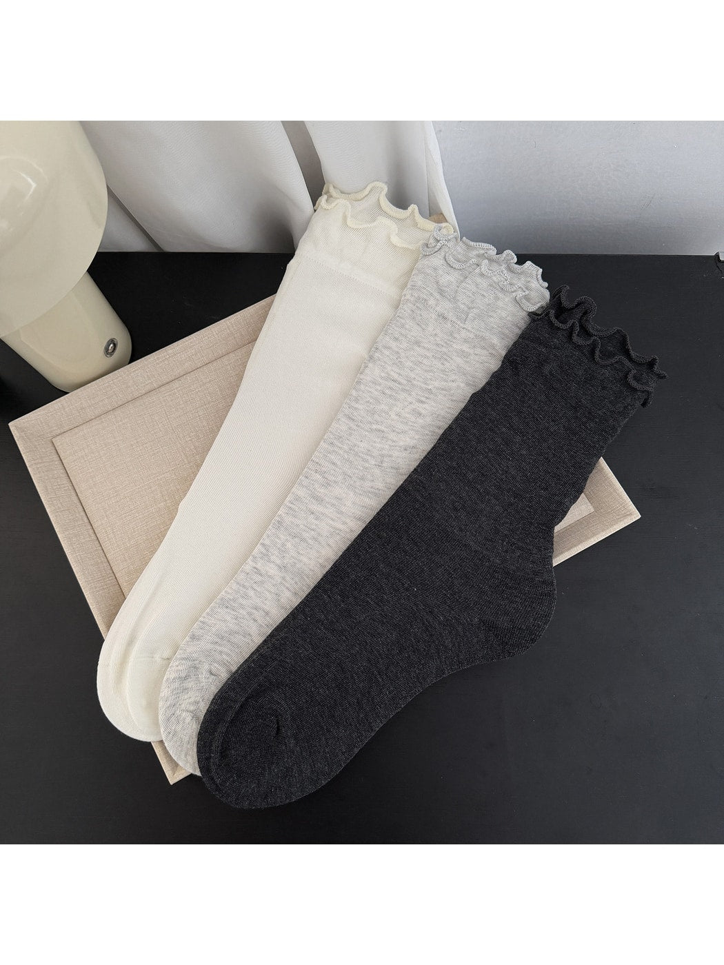 Rufia - Layered Ruffle Trim Solid Crew Socks