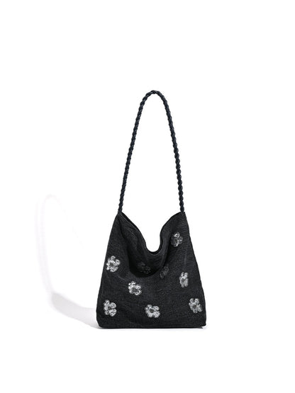 Cosbai - Black Single-shoulder Denim Bag with Sequin Decorations