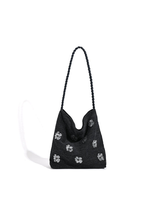 Cosbai - Black Single-shoulder Denim Bag with Sequin Decorations