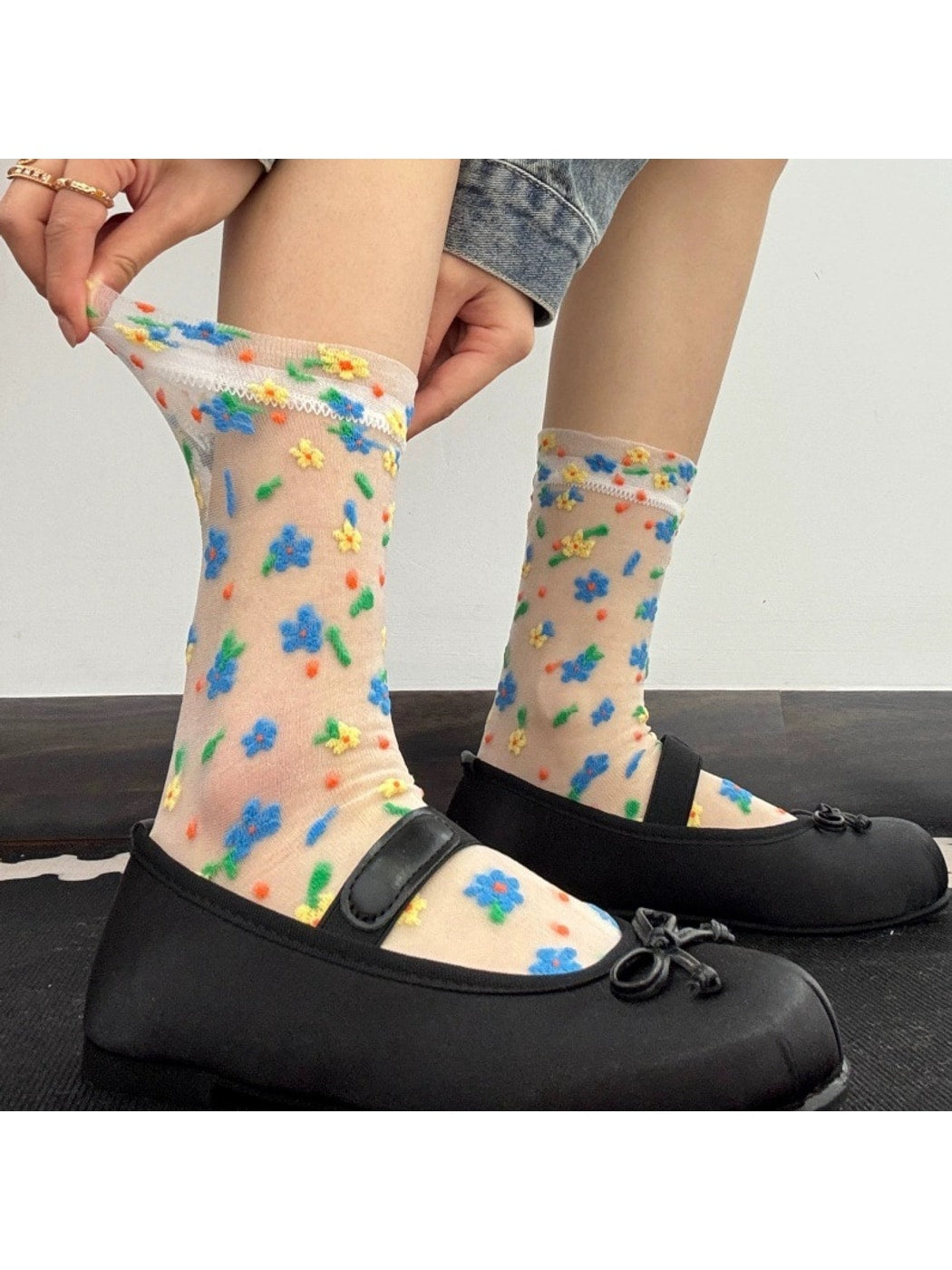 Rufia - Sweet Patterned Sheer Crew Socks for Women