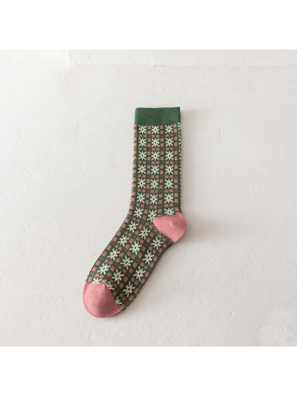 Rufia - Christmas Mid-Calf Socks with Geometric & Floral Pattern