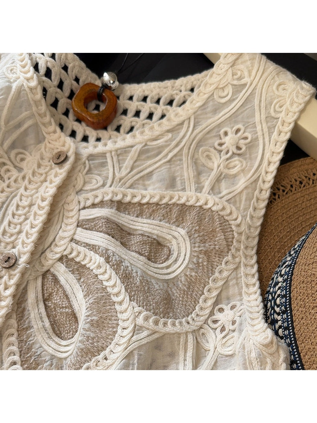 Crosa - V-Neck Butterfly Pattern Openwork Sleeveless Vest
