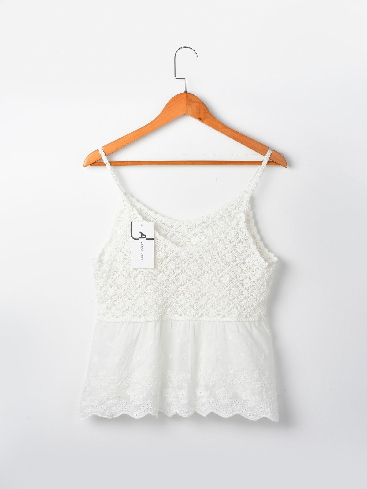 Vesty - Lace-Knit V-Neck Cami Top - White & Beige