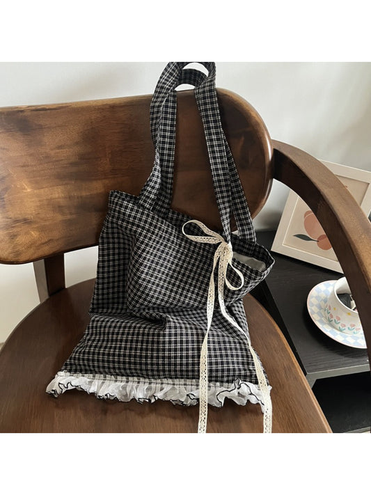 Close-up of lace bow detail on Cosbai plaid tote bag